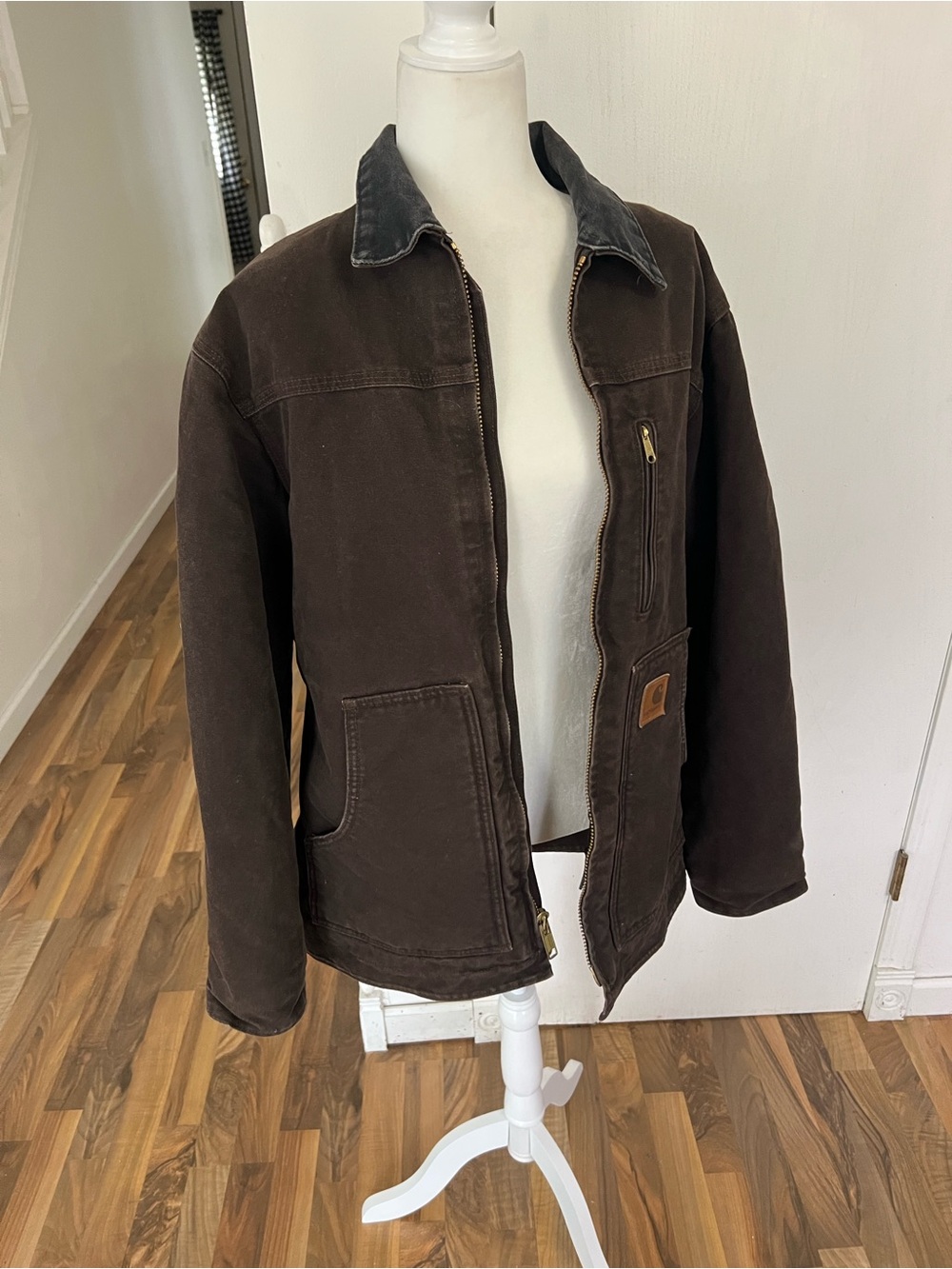 Vintage Dark Brown Work Duck Cloth Chore Jacket with Black Collar, Oversized Med